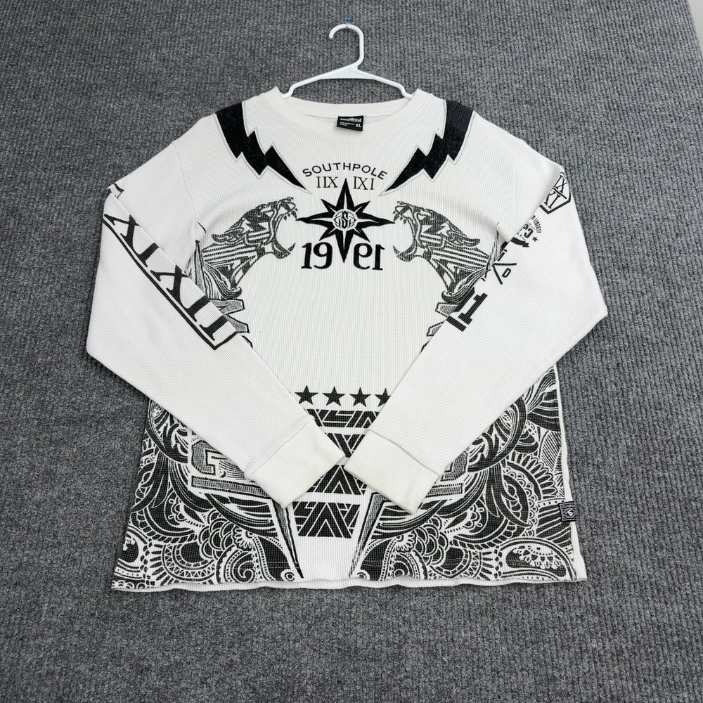 Southpole Thermal Shirt Men XL White Cotton Waffle Knit Tribal Graphic Y2K Style - Picture 5 of 10